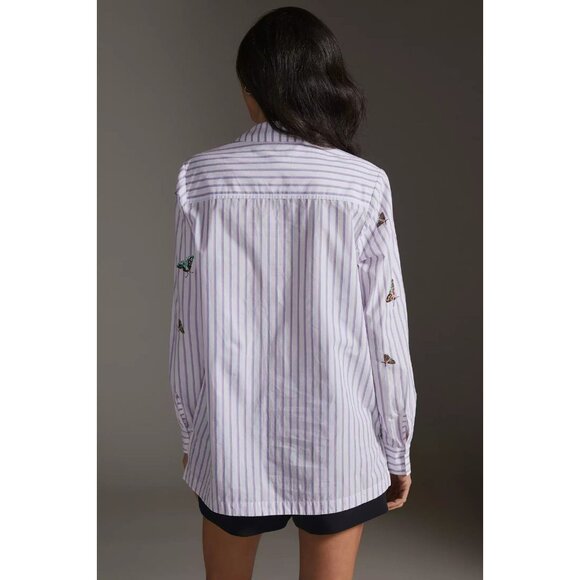 MAEVE Striped Embroidered Butterfly cotton Poplin Button Down Shirt, Size XS - Picture 2 of 13